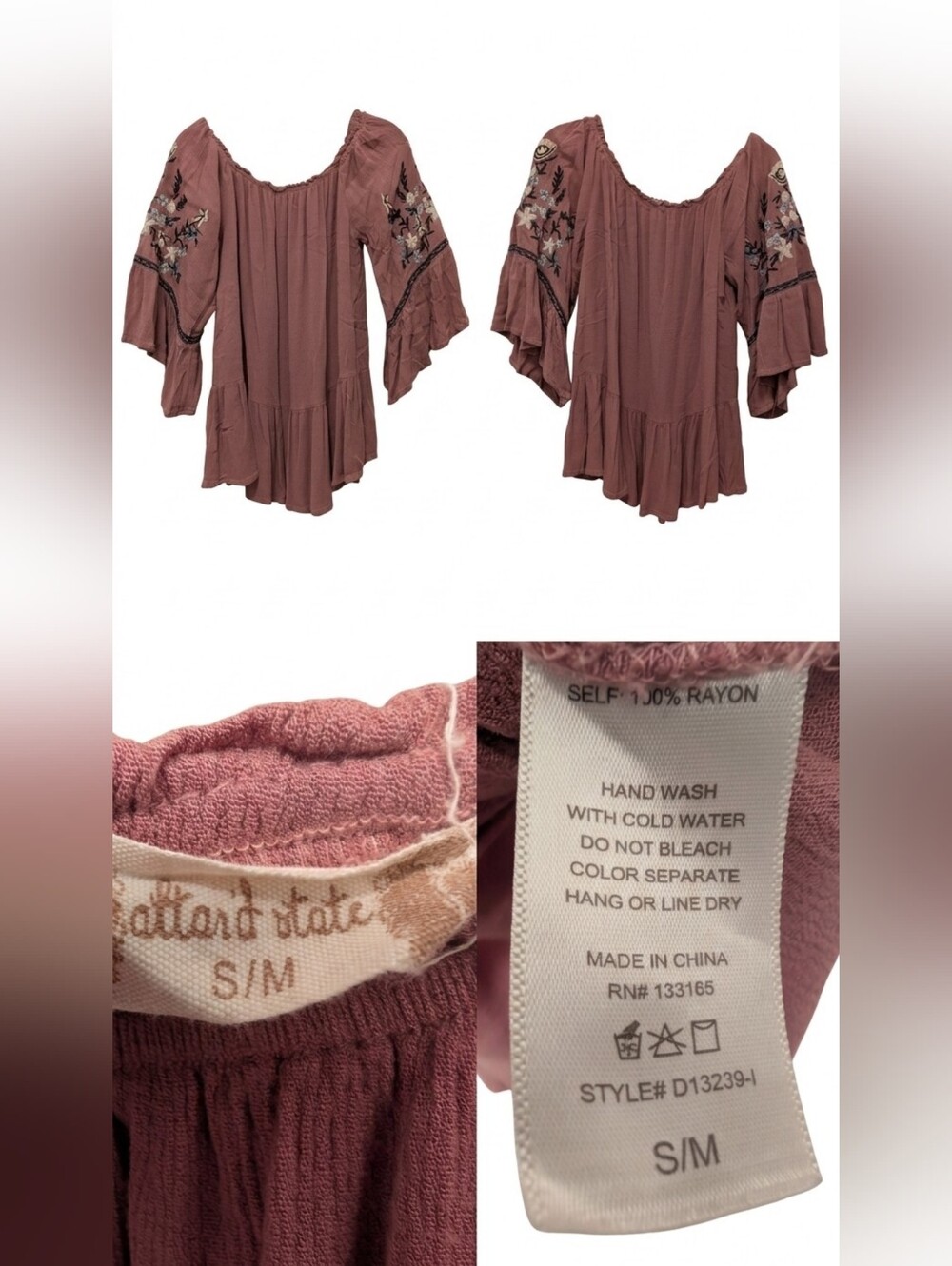Altar'd State Mauve Embroidered Flutter Sleeve Peasant Top